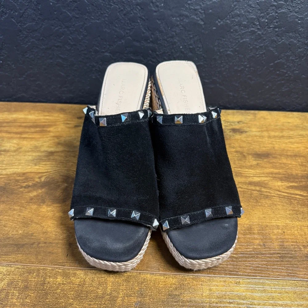 Marc Fisher Zyme 2 Black Suede Studded Wedge Sandals‎ Womens 8.5M
